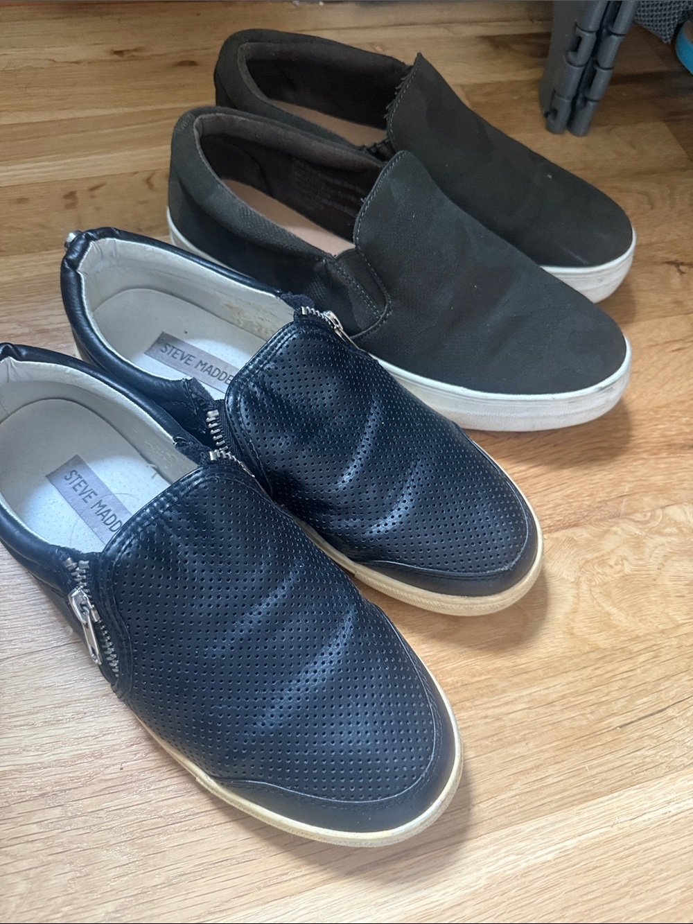 Steve Madden Black Perforated Leather Slip-On Sneakers with Side Zippers